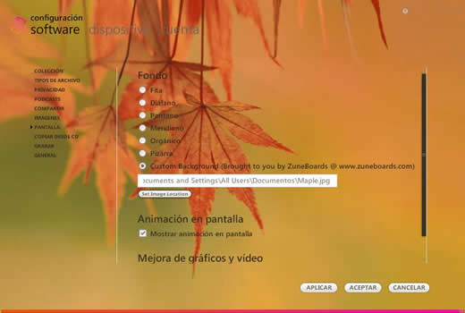 Fondo del pantalla del software Zune personalizado